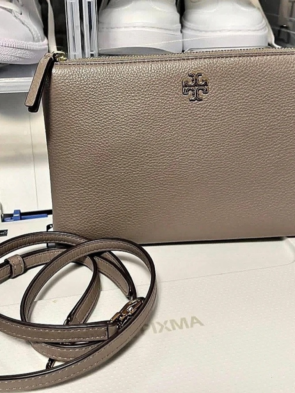 Tory Burch Romy Leather Zip Top Crossbody Bag in Taupe